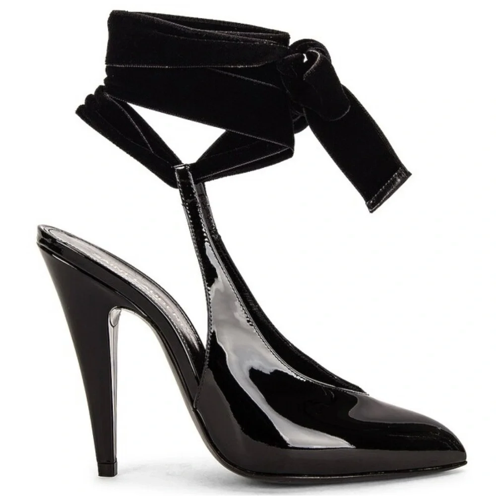 Saint Laurent Kika 55 Lace Up Patent Leather Sling Back Heels - Picture 2 of 11